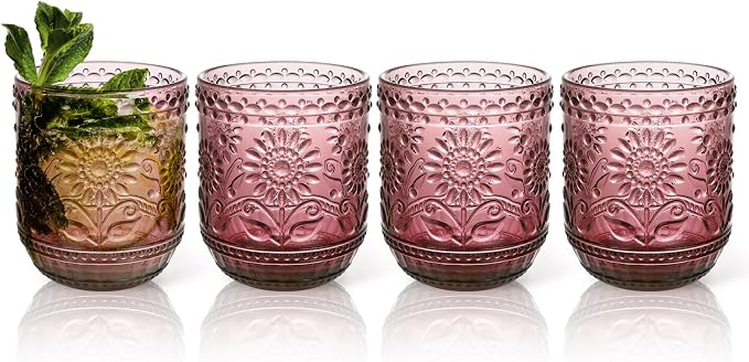 Topsky Vintage Drinking Glass Set of 4,12 oz Embossed Floral Drinkware Set,Pink Purple Drinking Glasses Cups Wine Glasses Colored Glassware for Whisky,Beer,Juice,Cocktail,Heavy Duty by HomeandKitchenNO1