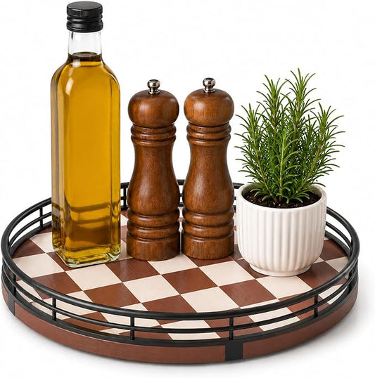 AMH 9-Inch Brown Checkerboard Lazy Susan Organizer with Black Metal Rail | Smooth rotating oak tray with walnut finish for dining tables, kitchen counters, pantries and cabinet storage. by AMH