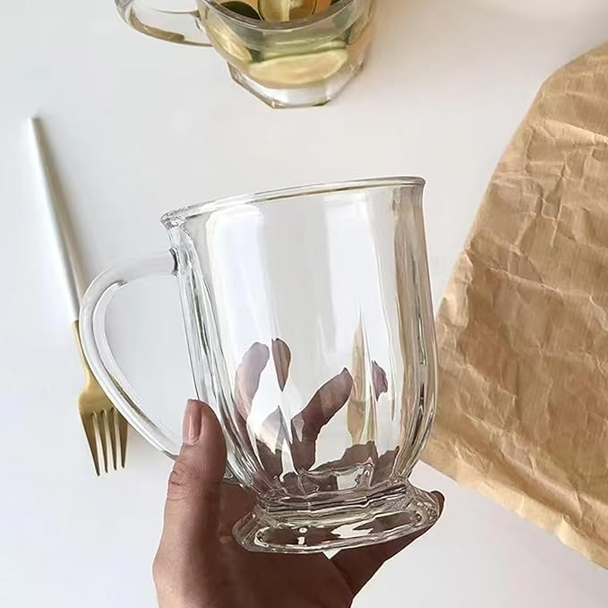 Clear Glass Coffee Mugs Set of 4, 16 OZ Large Glass Beer Cups with Handle,Striped Mug for Hot Beverages,Tea, Cappuccino, Latte, Espresso, Juice Mothers