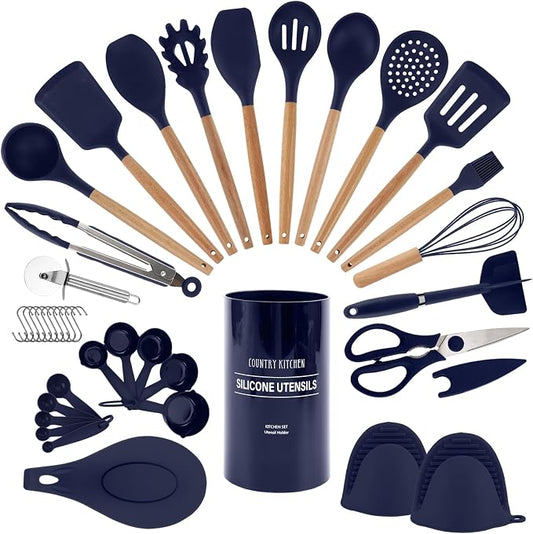 Country Kitchen Non Stick Silicone Utensil Set with Rounded Wood Handles for Cooking and Baking, 38 Piece Set, Navy by CountryKitchen