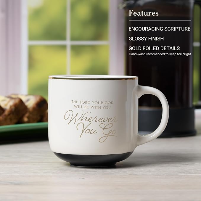 Christian Art Gifts Large Inspirational Ceramic Coffee & Tea Mug for Men & Women: Wherever You Go Encouraging Bible Verse, Novelty Sturdy Non-toxic Elegant Beverage Cup, Gold Rim, White/Black, 14 oz. - Image 3