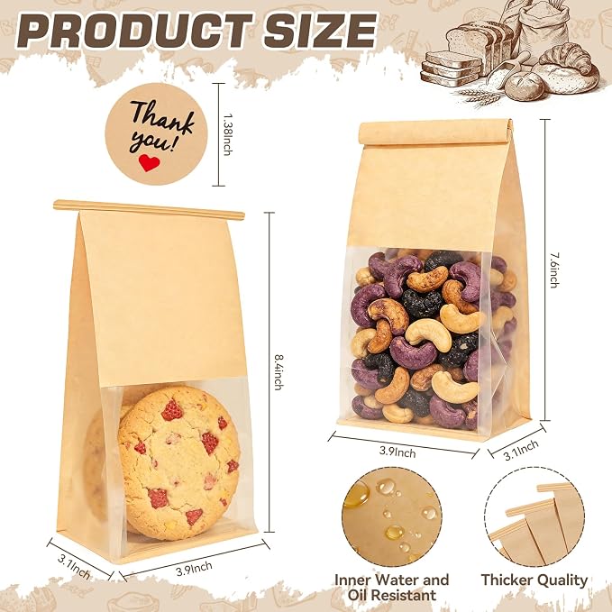 60 Pcs Cookie Bags with Seal & Tin Tie Lock, 8.2x3.9x3.1 Inch Bread Bags with Clear Window Resealable Bagel Bags for Cookies, Muffins, Candies, Snacks – 72 Stickers Included - Image 2