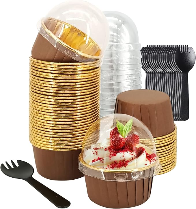 5oz Foil Cupcake Cups Muffin Tins 50 Pack,LNYZQUS Cupcake Liners with Dome Lids,Disposable Ramekins Pans Tins Wrappers Holders,Large Muffin Liners Baking Cups-Brown in gold by LNYZQUS