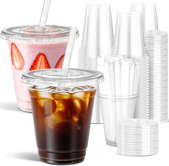 Ginkgo 100 Pack 12 oz Plastic Iced Coffee Cups with Lids and Straws | Disposable Clear To Go Cups for Milkshakes and Cold Beverages, Coffee Bar Essentials for Home and Shops by HOME
