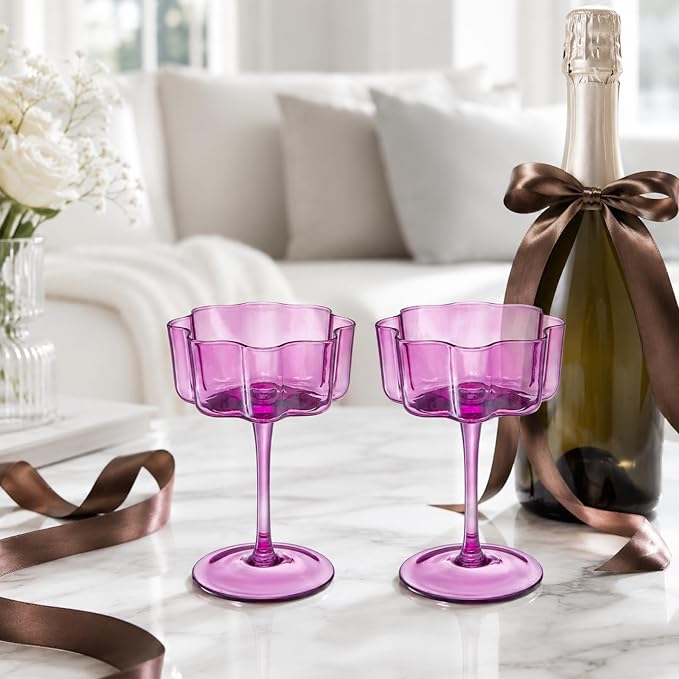 Khen Flower Vintage Wavy Glass Coupes Martini, Champagne & Cocktail Coupes - Set of 2-7oz Colorful Cocktail Glasses & Champagne, Prosecco, Mimosa Glassware Copyright Design - Amethyst Purple - Image 6