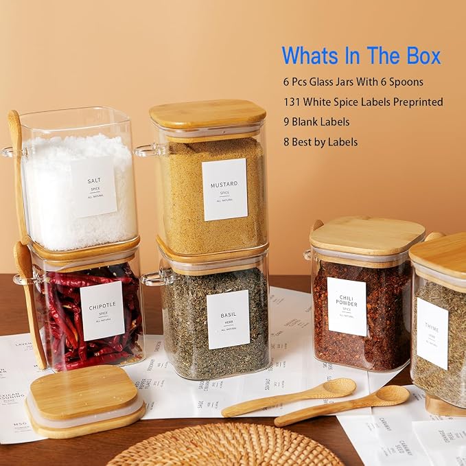 HHMJSM 6 Pcs Square Glass Jar with Bamboo Lid and Spoon - 27 oz Large Sugar Container with 148 Kitchen Pantry Spice Jar Labels Preprinted - Glass Containers with Wooden Lids Hold Coffee, Tea, Candy - Image 2