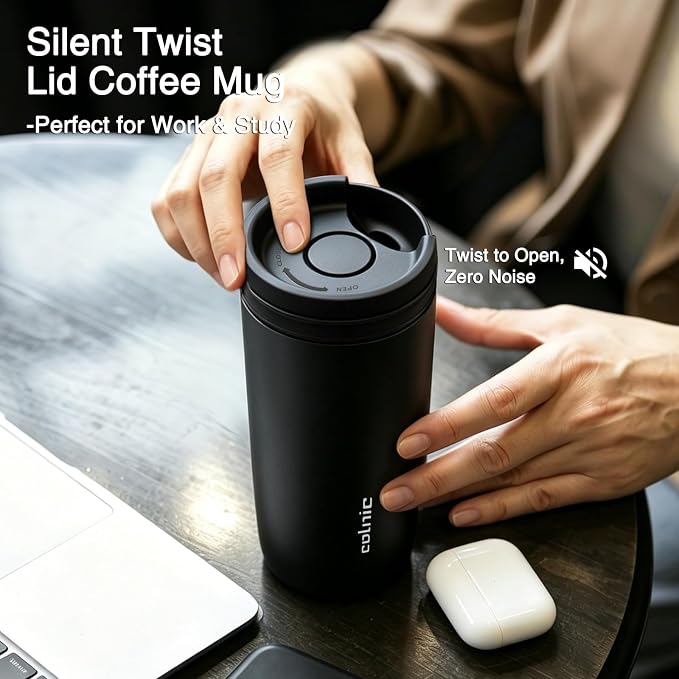 16 oz Travel Coffee Mug with Twist-Open Lid, Leak Proof Coffee Travel Mug, Insulated Tumbler Stainless Steel Coffee Cup For Hot And Iced Cold, Spill Proof Fits Cup Holder (Black) - Image 3