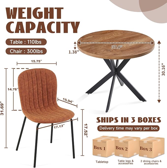 37 Inch Round Dining Table Set for 4, Modern Small Circle Kitchen Coffee Set for Apartment Living Room Office, Save Space(1 Imitation Wood Table + 4 Brown PU Leather Chairs) - Image 4