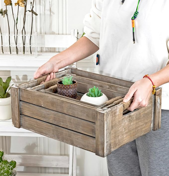 TIMRIS Set of 3 Rustic Wood Nesting Crates, Farmhouse Wooden Storage Container Boxes with Cutout Handles, Decorative Wooden Baskets for Display (Rustic Gray) - Image 3
