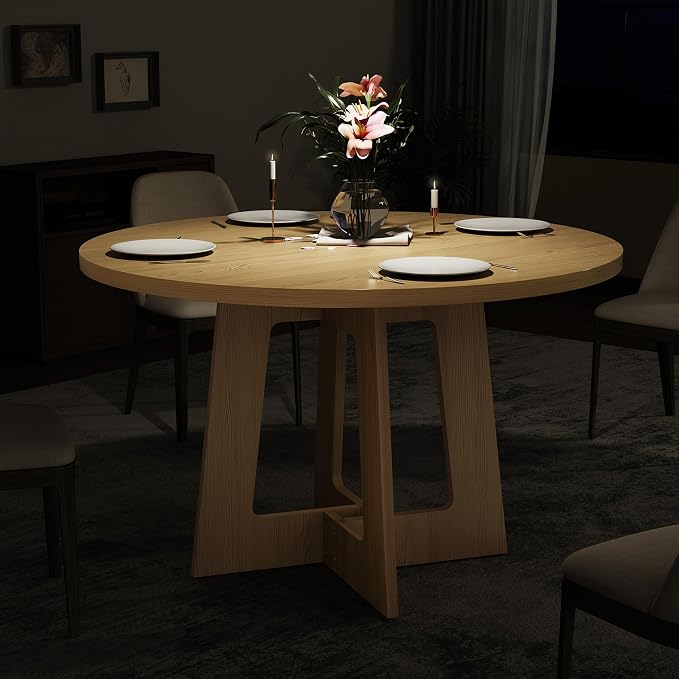 Round Dining Table for 4, Farmhouse Kitchen Table, Wooden Circle Table, 300lb Capacity & Easy Assembly for Home Dining Room Kitchen Living Room (Natural Oak) - Image 3