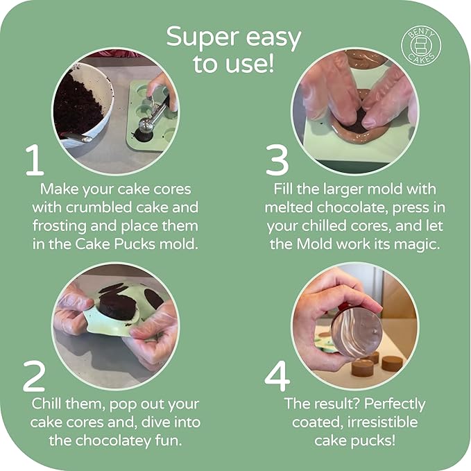 Benty Cakes – The Original CakePuck Mold Set – Better than a Cake Pop! Make Chocolate Covered Desserts – BPA Free Silicone – Includes 1 Mold Set, 1 Plastic Tray and 1 Scraper – Green