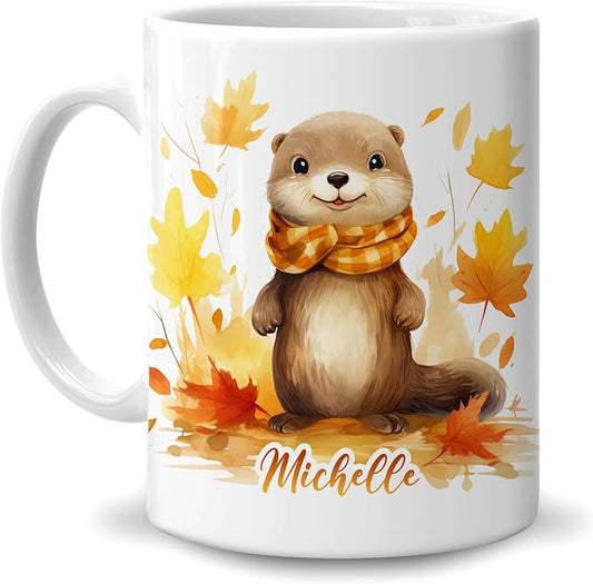 Hyturtle Personalized Fall Otter Maple Leaves Coffee Mug, Fall Autumn Décor | Birthday Gifts For Otter Lovers - Gifts For Farmhouse Thanksgiving - Custom Name 11oz White Ceramic Coffee Tea Mug by Hyturtle