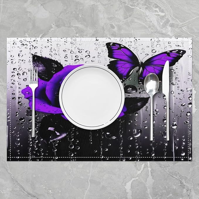 Feelyou Purple Rose Table Place Mats,Romantic Floral Blossom Rose Placemats Set of 4 18"x12",Boys, Girls Butterfly Placemat for Kitchen Dining Table Decor Indoor Outdoor - Image 2