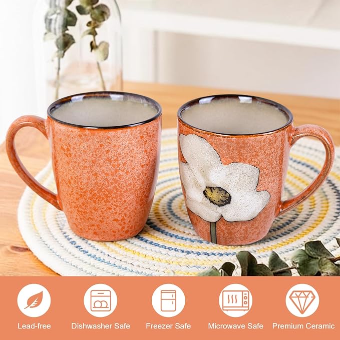 12oz Coffee Mugs Set of 4, Hand-Painted Floral Stoneware Cups with Handle, Dishwasher Microwave Oven Safe, Cappuccino Mugs for Latte, Tea, Espresso & Hot Cocoa, for Home Kitchen & Cafe, Pink - Image 4