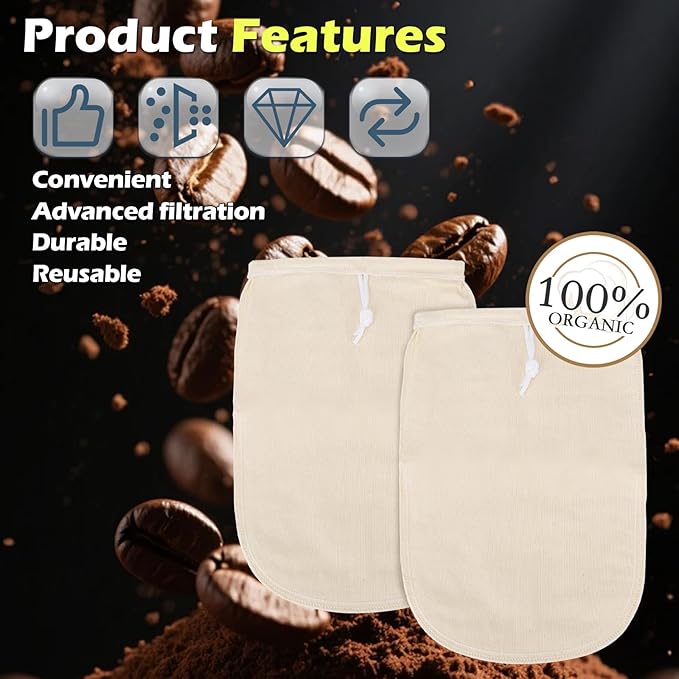 2 Pack Organic Cotton Cold Brew Coffee Filter Bags, Reusable with Drawstring, 8x12 Inch, for Pitchers, Mason Jars, Toddy Systems