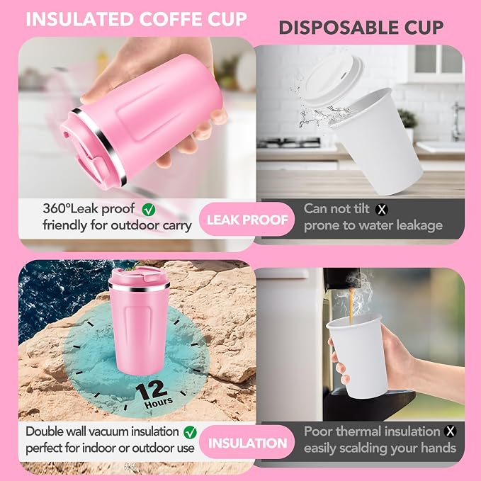 Volhoply 12 oz Double Wall Insulated Vacuum Travel Coffee Mug with Flip Lid Bulk 8 Pack,Reusable Stainless Steel Leak Proof Coffee Cup,Portable Cafe Thermal Tumblers for Hot & Cold Drinks(Pink,8 Set) - Image 3