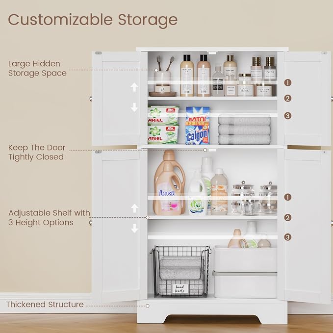 TEENFON Bathroom Floor Storage Cabinet, Freestanding Bathroom Storage Unit with 2 Adjustable Shelves & 4 Doors, White - Image 4