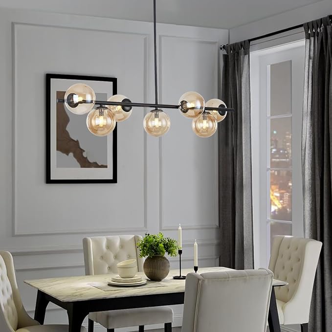Mid Century Modern Linear Chandelier, 7-Light Black Pendant Light with Amber Glass Globes, Dimmable Kitchen Island Lighting Dining Room Light Fixtures Over Table for Living Room, Entryway & Bedroom - Image 6