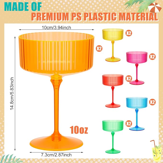 Jingmore 12 Pcs Ribbed Martini Glasses 10 oz Disposable Plastic Vintage Ribbed Coupe Glasses Unbreakable Dessert Parfait Glassware for Wedding Birthday Party Supplies (Hawaii Colors) - Image 2