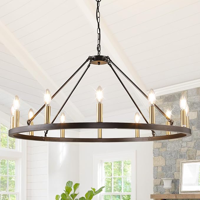 WJShome 37.5" Wagon Wheel Chandelier: The Ultimate Farmhouse Foyer Lighting Fixture - Gorgeous 12-Light Black and Gold Chandeliers to Enrich Your Dining Room! by SofaFurniture