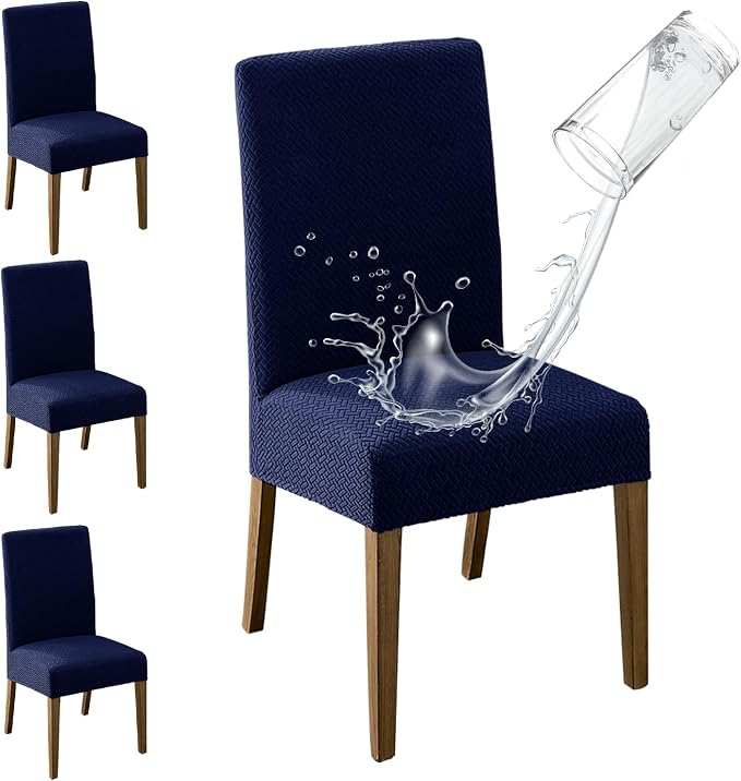MOSAYT 100% Waterproof Dining Room Chair Covers Set of 4, Super Fit Stretch Jacquard Parson Chairs Slipcovers Removable Washable Chair Seat Protectors for Home, Kitchen, Banquet (Navy Blue) by MOSAYT