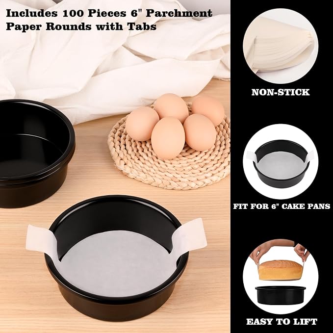 HUAKENER 6 Inch Cake Pan, 6" Round Cake Pan with Parchment Paper | Set of 3 Round Cake Pans with 100 Pieces Parchment Paper, Non-stick Cake Baking Pans, Dishwasher Safe - Image 5