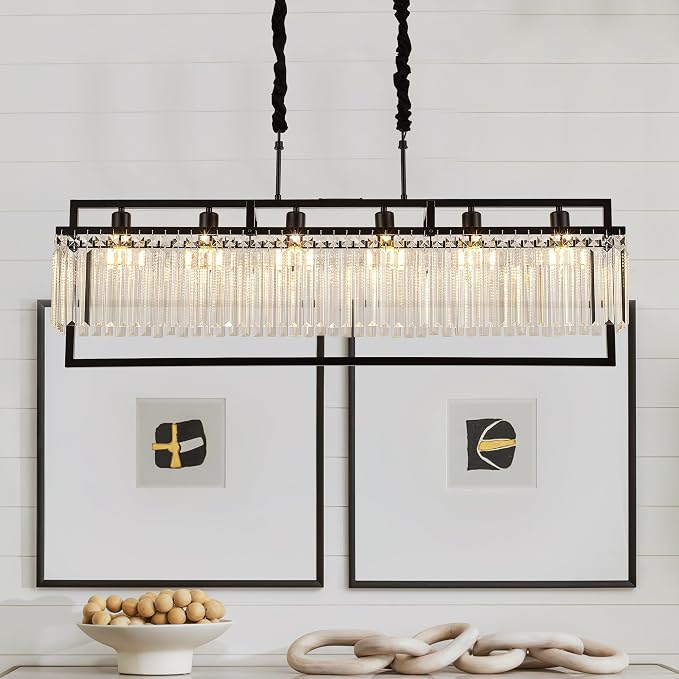 43.7" Modern Black Crystal Chandeliers for Dining Room, Luxury Rectangle 6-Light Kitchen Island Lighting, Linear Hanging Ceiling Pendant Light Fixture for Pool Table Entryway Foyer Hallway by Lighceac-ProfessionalLightingFixturesManufacturer