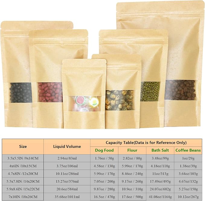 SumDirect Kraft Stand Up Pouches - 50Pcs Resealable Kraft Paper Stand Up Bags with Window, Zipper Disposable Food Storage Bags for Home or Business (50, 5.5x7.8inch) - Image 5