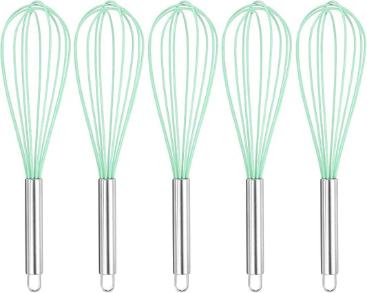 HARFINGTON 5Pcs Silicone Whisk 12" Kitchen Whisk Wire Whisks Beater with Stainless Steel Handle for Egg Milk Whisking Blending Beating & Stirring, Green