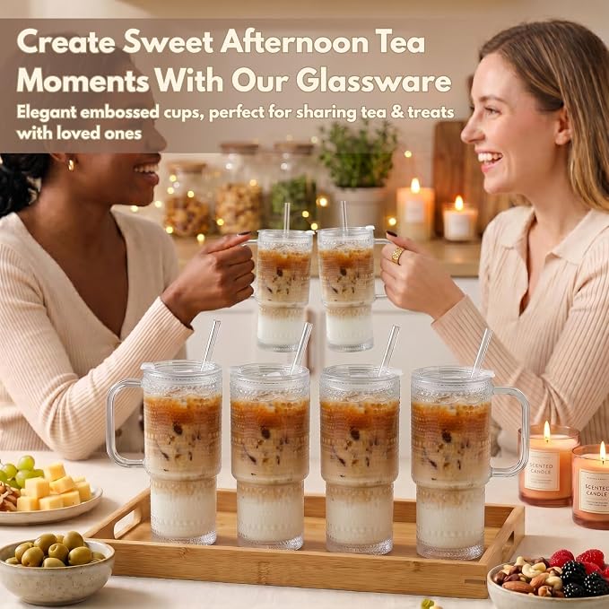 20 oz Glass Tumbler with Lid and Straw, Glass Iced Coffee Cups, Spill-proof Glasses Tumbler with Handle, Glasses Drinking Set of 2, Vintage Glassware for Cocktail, Juice, Smoothies - Image 3