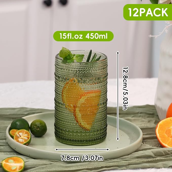 Moretoes 12 Pack 15 Oz Green Large Hobnail Drinking Glasses Set | Vintage Glassware,Embossed Glass Cups,Water Tumbler,Highball Glasses For Beer, Juice And Various Mixed Drinks - Image 2
