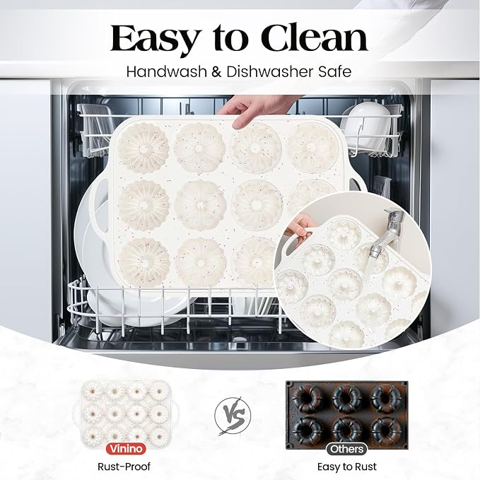 Vinino 3 Inch Mini Fluted Cake Pan, 2 Pack with Metal Frame | 4 Shapes 12 Cavity Mini Cake Mold Set for Batch Baking, Flan, Jello, Pudding, Brownies & Desserts - Image 6