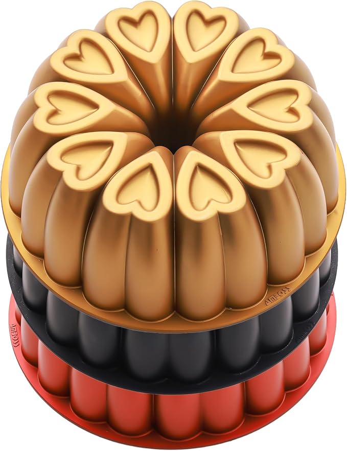Heart Shape Cast Aluminum Molded Cake Pan, Titanium Coating, Non-Stick, 12 Cups, 10 Inch Pound Pan intended for Bundt Cakes, Gifts for Mom, Fluted Tube, Easy to Clean (3-Pack, Gold-Black-Red) by MIENCA