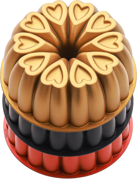 Heart Shape Cast Aluminum Molded Cake Pan, Titanium Coating, Non-Stick, 12 Cups, 10 Inch Pound Pan intended for Bundt Cakes, Gifts for Mom, Fluted Tube, Easy to Clean (3-Pack, Gold-Black-Red) by MIENCA