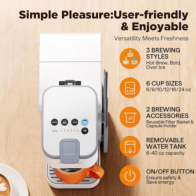 Tastyle Hot & Iced Coffee Maker with Magnetic K-Pod Holder, Fits 7.3'' Mug | Stores 10 Pods, for K Cup & Grounds, Compact for Home, Office & RV， Brew 6-24oz Coffee, 40 oz Removable Tank, K330CH, White - Image 2
