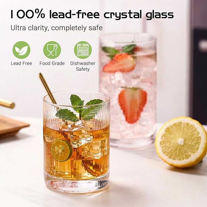 JOVGANK Drinking Glasses Set of 8 – Lead-Free Crystal Glassware, 4 Tall 15oz & 4 Short 10oz Vintage Ribbed Tumbler Glasses, Dishwasher Safe, for Juice Beer Cocktails, Great Housewarming Gift, Set A - Image 4