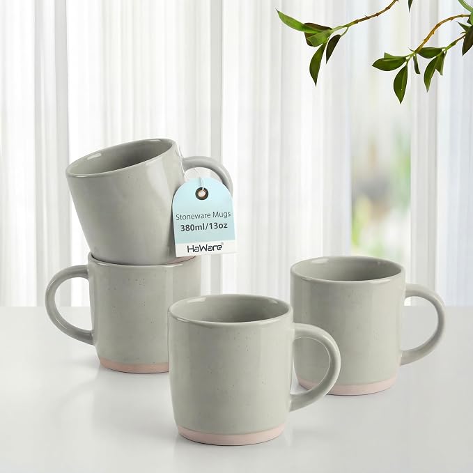 HaWare 13OZ Coffee Mugs with Handles, Stoneware Coffee Cups for 4 | Ceramic Latte Mug, Modern Tea Mugs for Cappuccino/Cocoa/Milk, Dishwasher& Microwave Safe, Speckled Asparagus Green by HaWare
