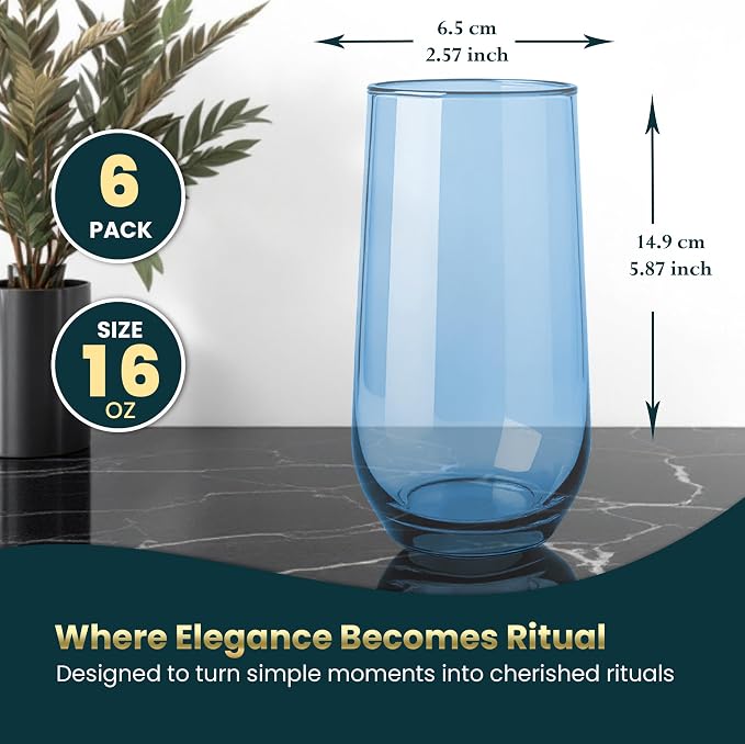 Blue Drinking Glasses Set of 6 | 16 oz Blue Glass Cups | Highball Drinkware for Cocktails, Long Drink, Water, Mojito, Juice, Soda - Image 2