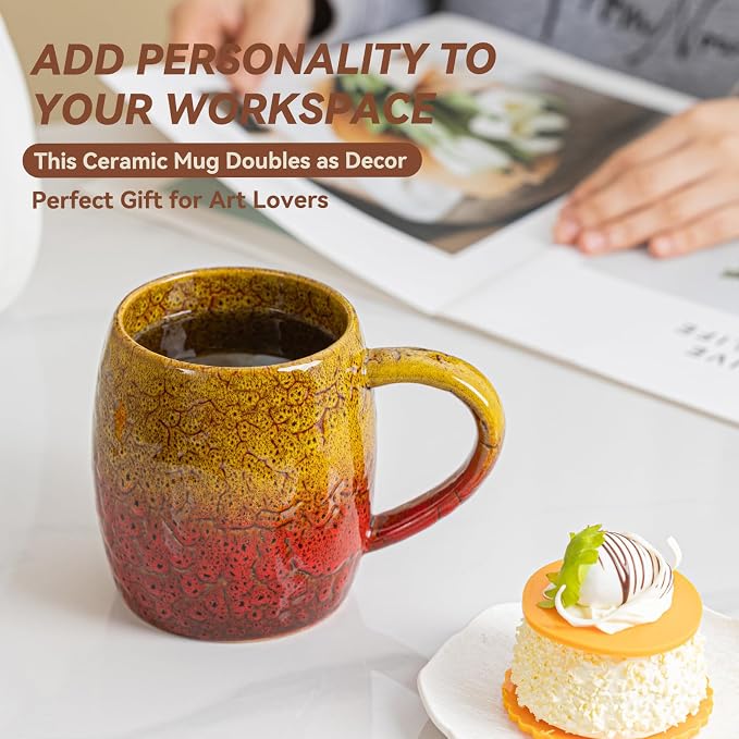 Handmade 22oz Ceramic Coffee Mug, Ergonomic Large Handle, Ideal Gift for Coffee Lovers, Microwave & Dishwasher Safe (Bas-Relief - Yellow&Red) - Image 4