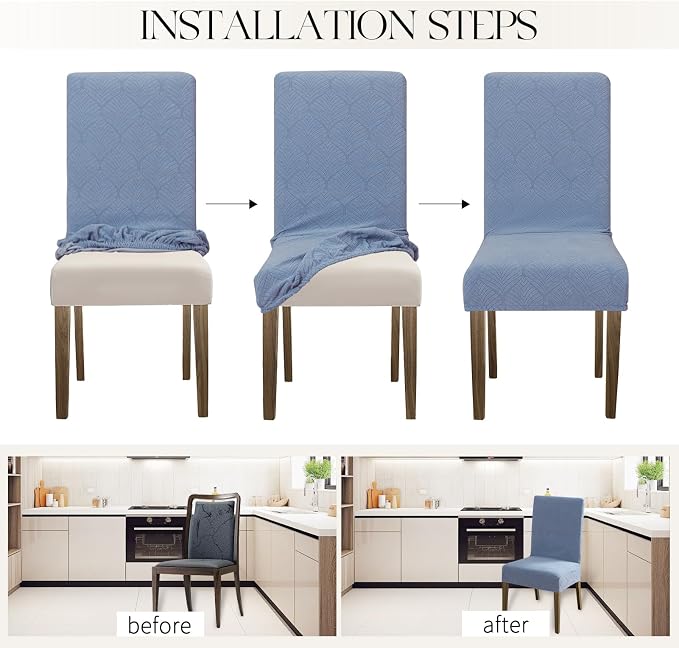 MOSAYT 100% Waterproof Dining Room Chair Covers Set of 4, Super Fit Stretch Jacquard Parson Chairs Slipcovers Removable Washable Chair Seat Protectors for Home, Kitchen, Banquet (Light Blue - XL) - Image 5