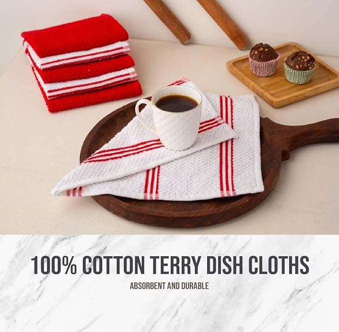 LANE LINEN 16 Pc Kitchen Dish Towels Set - 6 Absorbent Terry Kitchen Hand Towels, 6 Dish Cloths for Washing Dishes, 2 Silicone Grip Potholders & 2 Silicone Oven Mitts - Red - Image 7