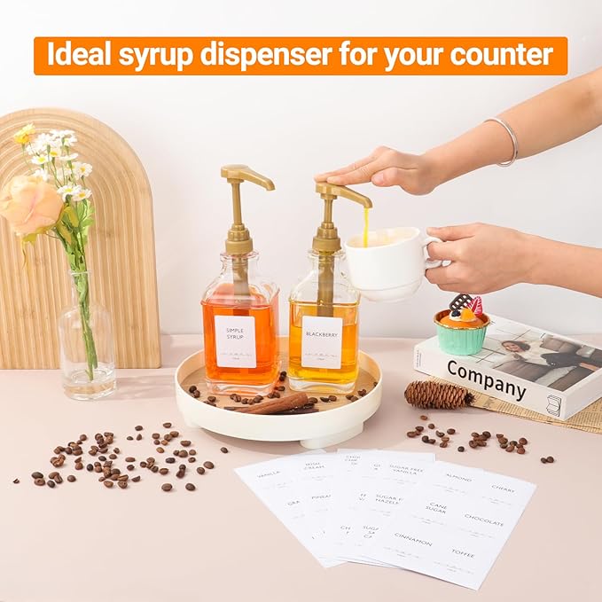 Alotpower 2-Pack 16oz Glass Coffee Syrup Dispenser Bottles, Empty Square Dispenser for Coffee Bar with 1/4oz Pump - Kit Includes 36 Labels & Marker