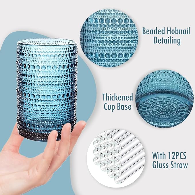 Hobnail Drinking Glasses with Straws, 15oz&12oz Vintage Glassware Set of 12, Blue Hobnail Glassware Embossed Vintage Water Cups, Highball Glasses for Cocktail,Whiskey,Beer and Juice - Image 5