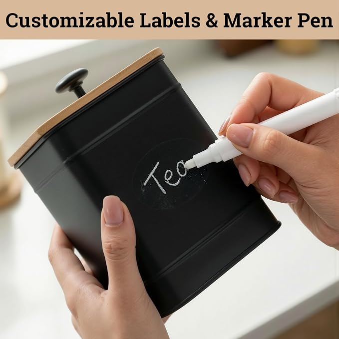 Kitchen Canisters for Countertop Set of 4 w/ Chalkboard Labels & Marker Pen | Airtight Easy Open Bamboo Lids, Dent-Resistant Thick Metal, Customizable Chalkboard Labels, Marker Pen Included, Set of 4 - Image 5