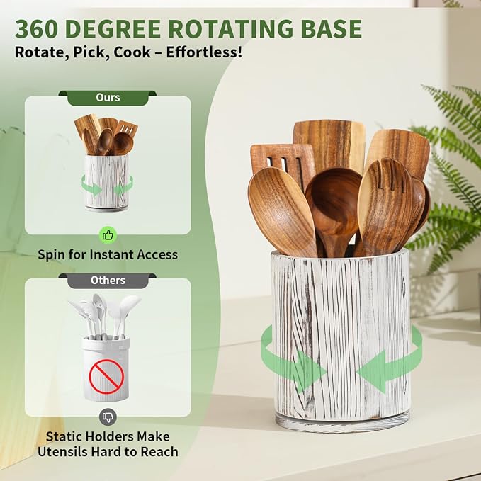 Distressed White Utensil Holder, 360° Rotating 7.3 in Kitchen Organizer | Farmhouse countertop decor. 360° rotating base holds spatulas, ladles, tongs, and cooking tools. Distressed white finish. - Image 3