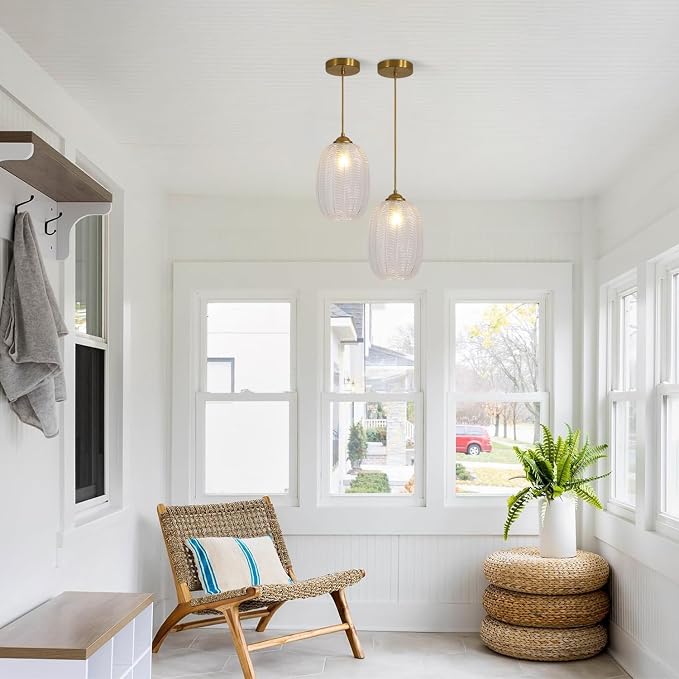 KCO Lighting Clear Glass Globe Pendant Light Ribbed Ceiling Light Brass Pendant Lights Kitchen Island Mid Century Modern Ceiling Hanging Light Gold Single Pendant Light - Image 6