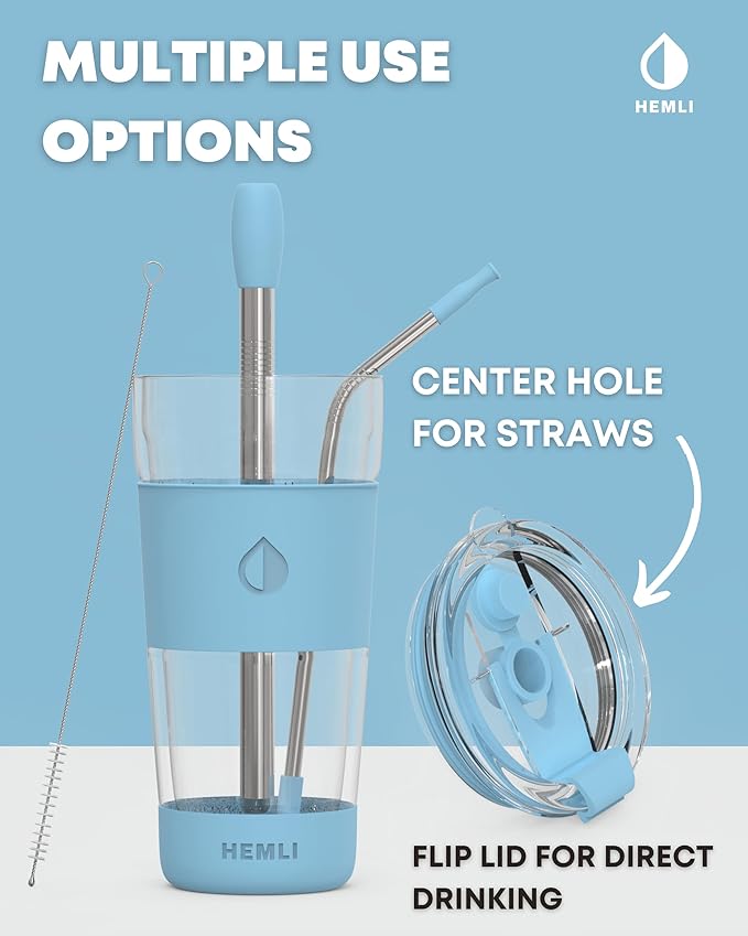 19 oz. Double Wall Glass Coffee Tumbler, To Go Travel Mug with Lid, Portable Glass Thermos with Straw, Reusable Cup, Tea, Smoothies, Ice Coffee, and Boba
