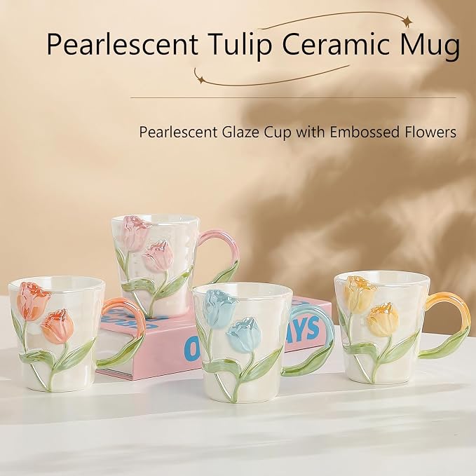 Tulip Flower Ceramic Mug 11.8Oz, Handmade Cute Coffee Tea Cup for Women, Unique Gift for Flower Lovers Mom Friend, Christmas Birthday Surprise, Yellow - Image 5