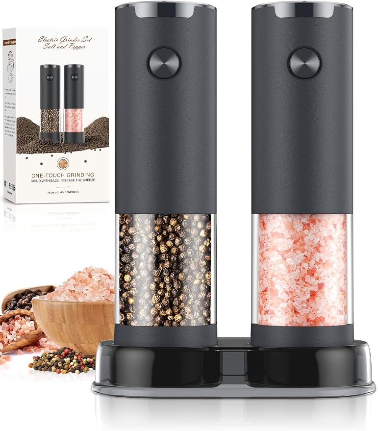 Electric Salt and Pepper Grinder Set Automatic Battery Pepper Mill Shakers Adjustable Coarseness Upgraded Larger Capacity with Led Home and Kitchen Appliances(Dark Gray) by ioion