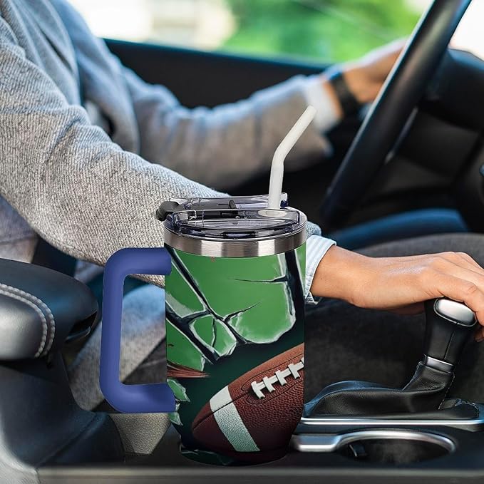Football Impact on Cracked Glass Tumbler with Handle Insulated Water Travel Coffee Mug Bottle with Lid And Straw Stainless Steel Leak Proof Vacuum Insulated Cup 40 OZ